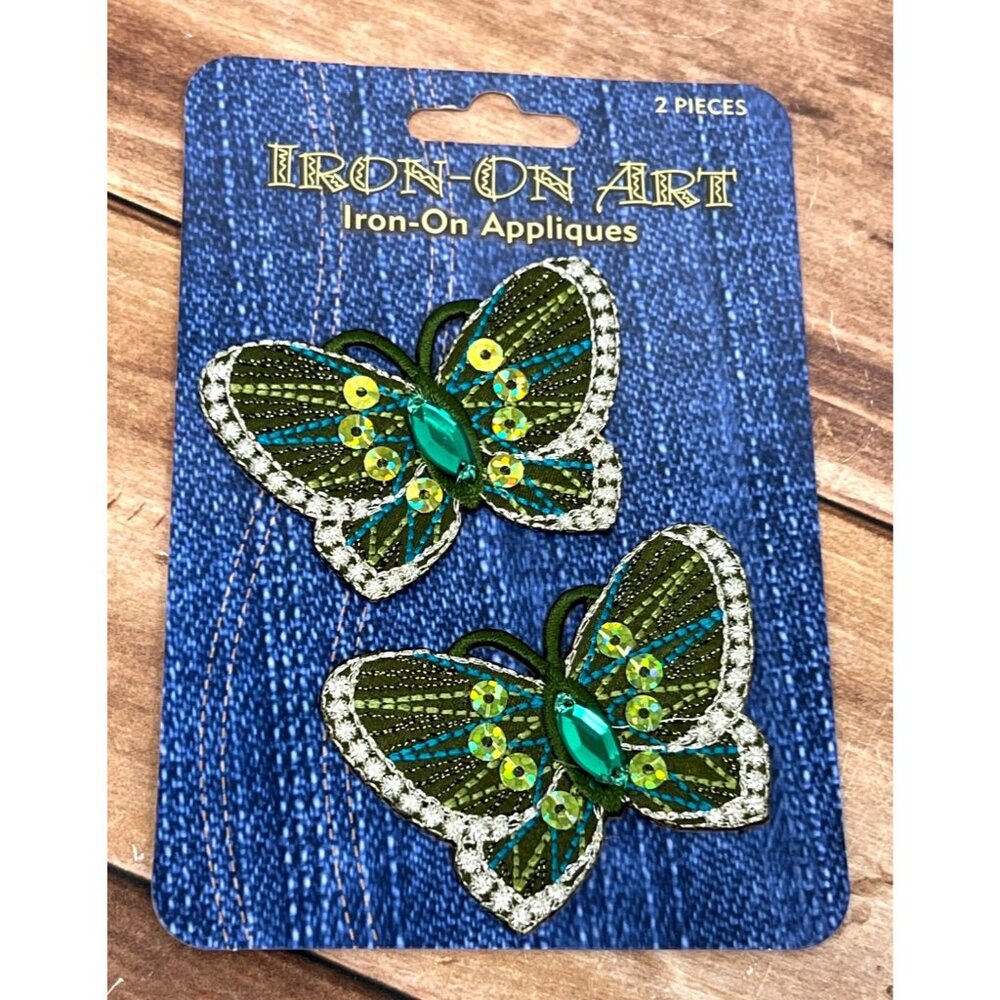 HORIZON GROUP Green BLUE Butterfly Iron On Appliques W Rhinestone EMBELLISHMENT